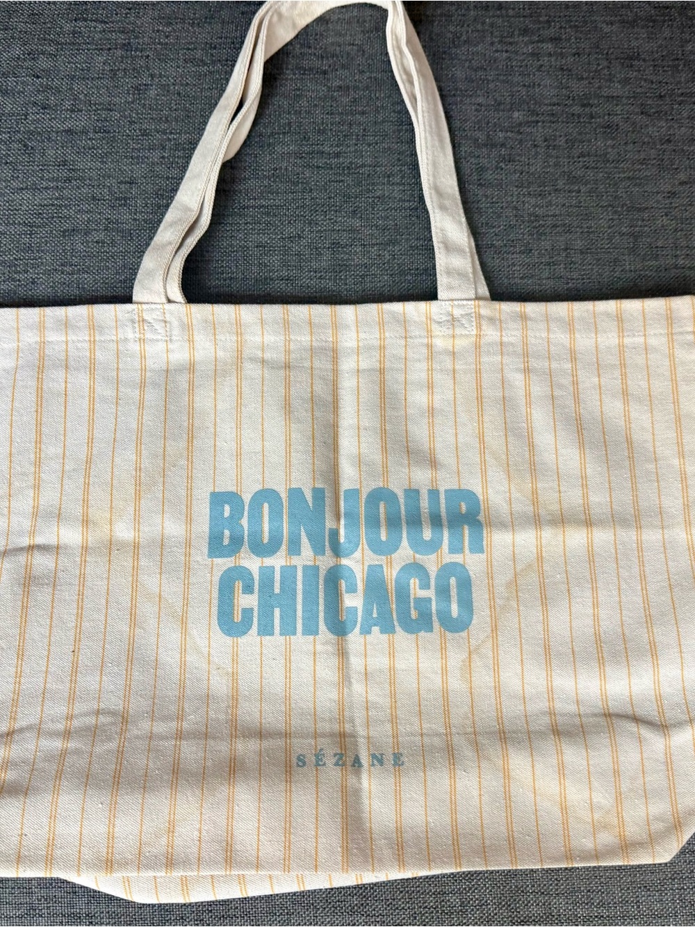 Sézane Cream Canvas Tote with Blue Logo and Yellow Stripes